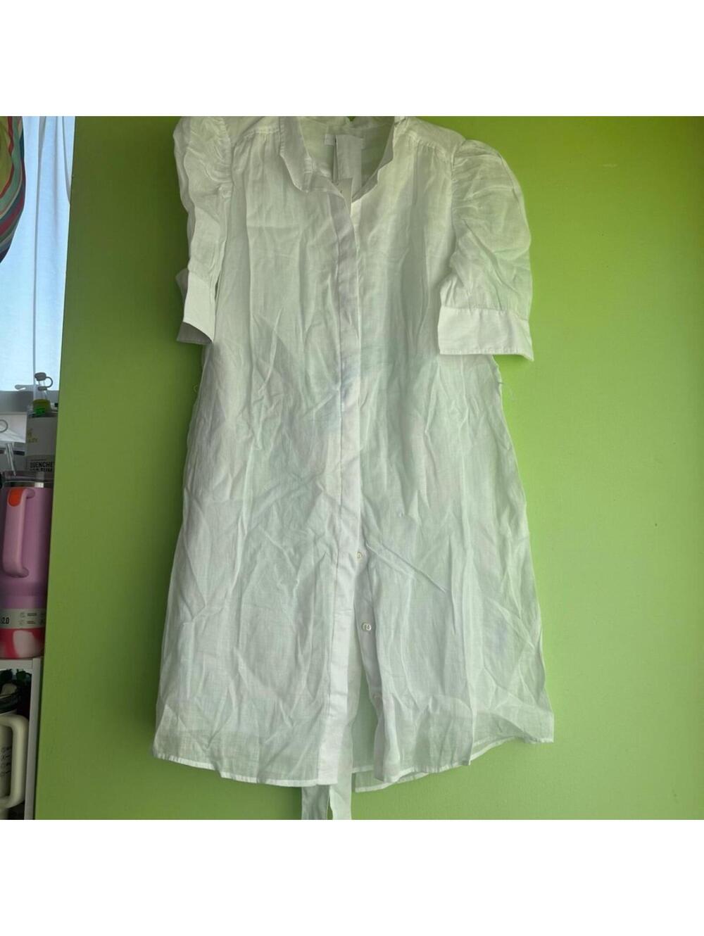 Frame Gillian Denim Mini Puff Sleeve Shirt Dress White Ecru Size xl NWT